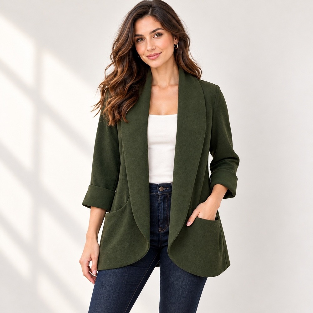 Olive Green Draped Blazer Cardigan M French Mauve Quiet Luxury Office Siren - Picture 2 of 9